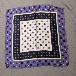 vintage 80s hair neck scarf mod retro floral daisy purple white black 21.5" x 22